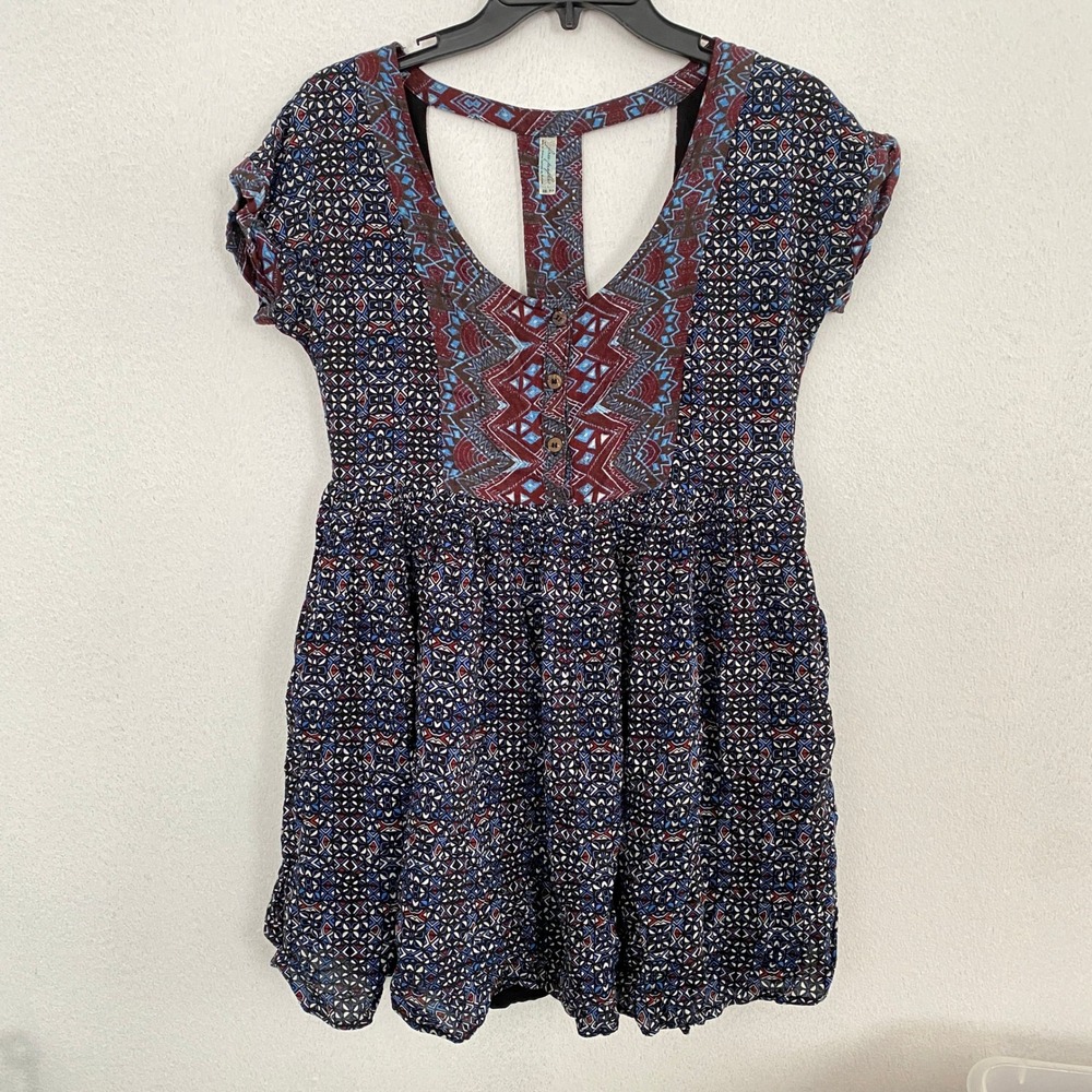 Free People Boho Tribal Print Smocked Waist Mini Dress XS Pockets Beachy Dark